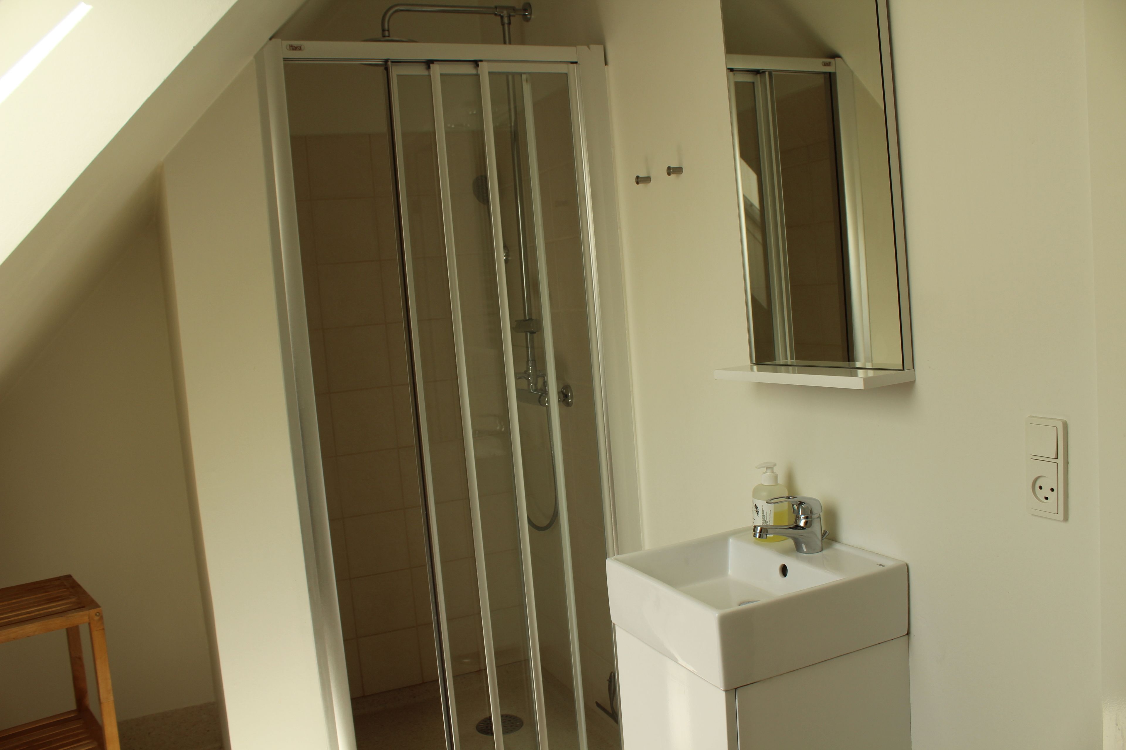A bathroom with a glass shower enclosure, a white sink, and a mirror above the sink.