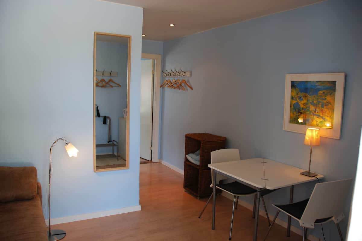 A room with a dining table, chairs, a lamp, a mirror, and a coat rack.
