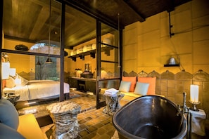 Hydromassage showerhead, eco-friendly toiletries, hair dryer, bathrobes