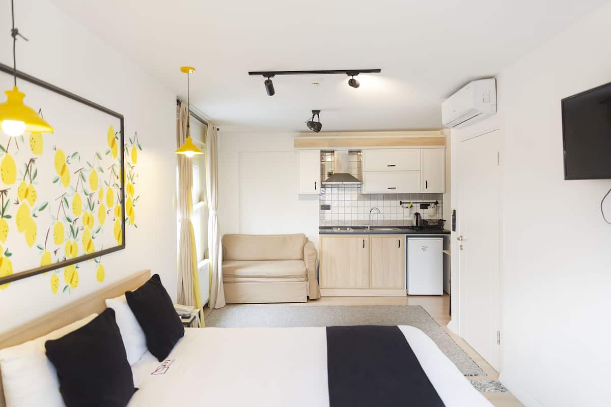 A bedroom with a bed, a sofa, and a kitchenette in the background.