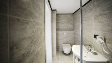 Shower, rainfall showerhead, hair dryer, slippers