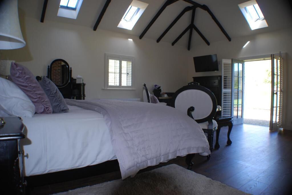 Un dormitorio con cama, escritorio, silla, televisor y tragaluces.