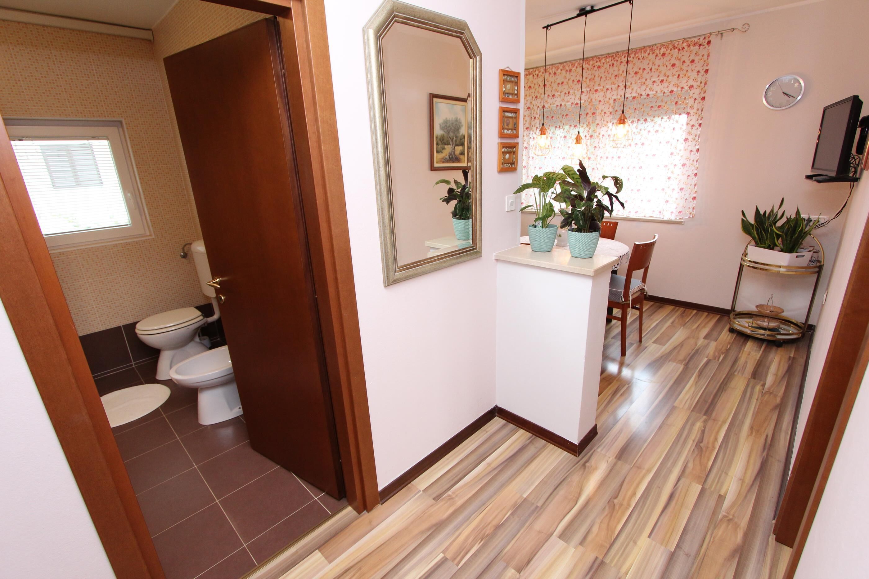 Una cocina compacta con zona de comedor, un espejo grande y una pequeña isla con plantas en macetas.
