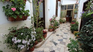 A narrow stone-paved courtyard with potted plants and hanging flower baskets. - RIKI Two-Bedroom Apartment (Rovinj)