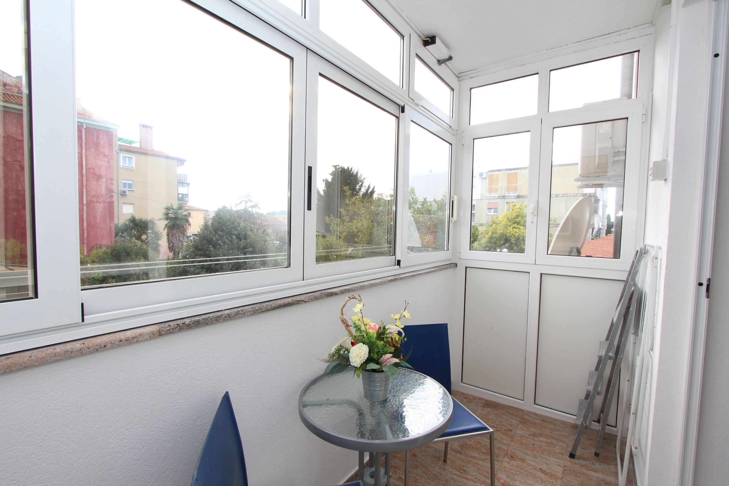 A corner room with a glass table and chairs, a potted plant, and a view of buildings through large windows.