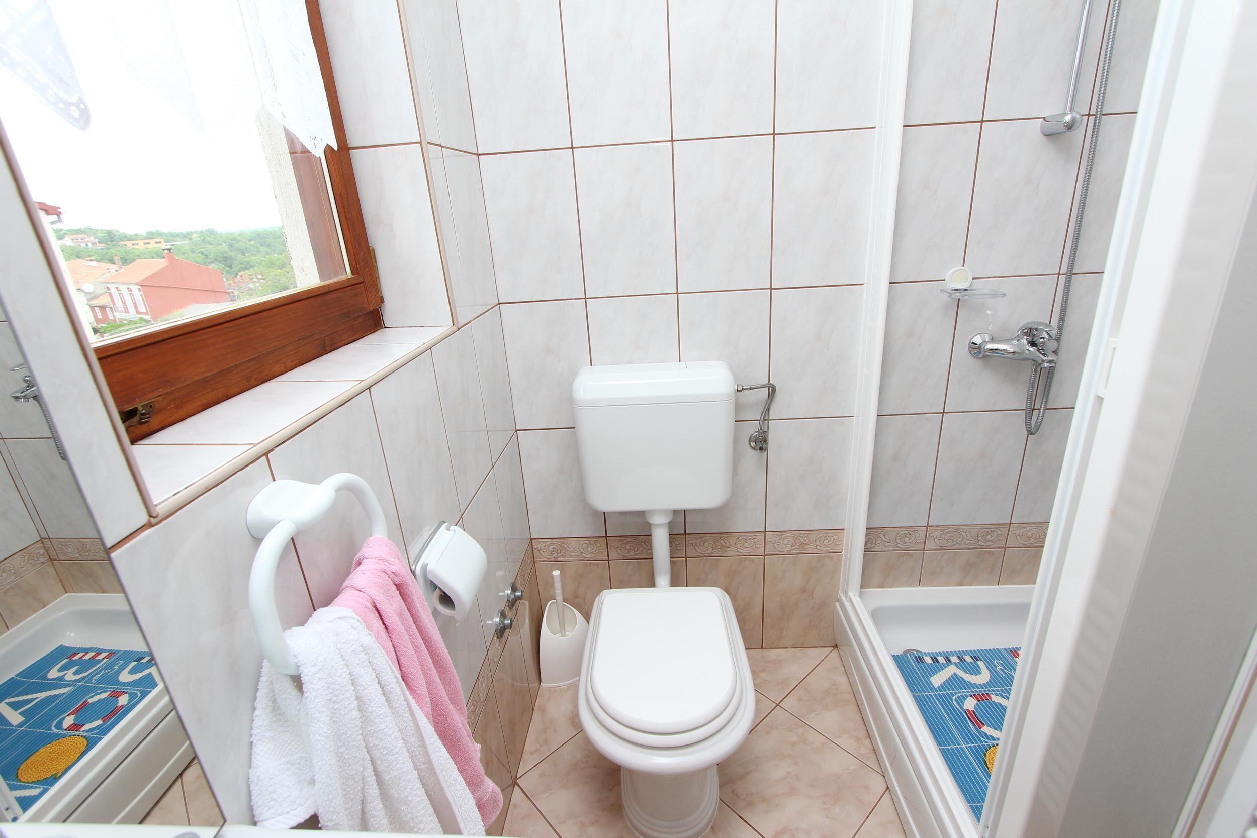 A bathroom with a toilet, a shower, and a window.
