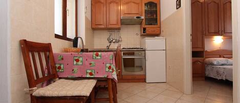 Fridge, oven, stovetop, coffee/tea maker