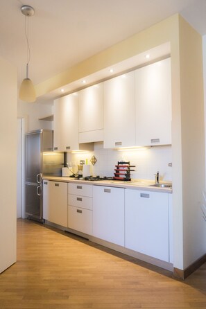 Apartamento, 1 habitación | Cocina privada | Frigorífico grande, horno, placa de cocina y cafetera o tetera