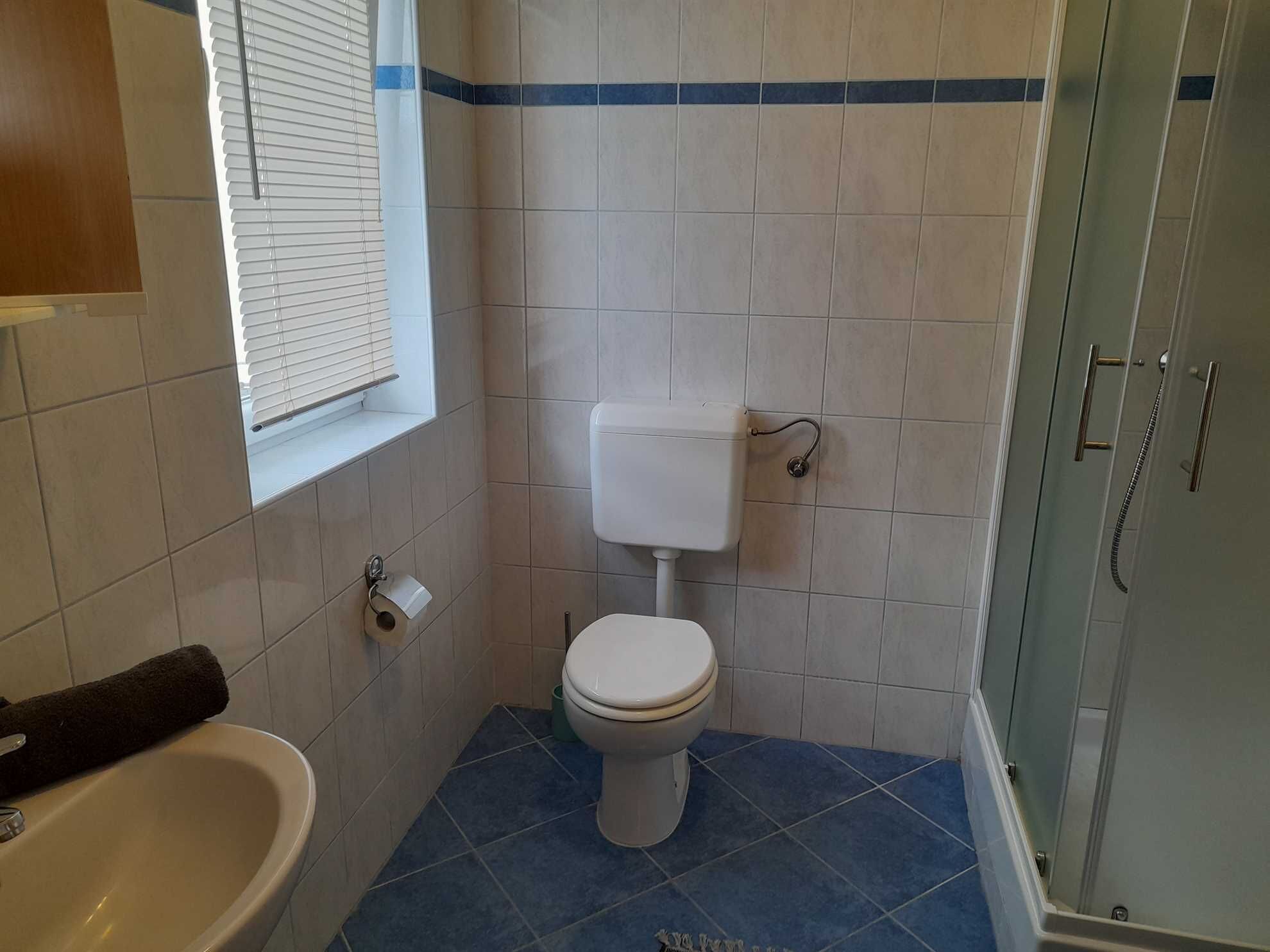 Une petite salle de bain avec des toilettes, un lavabo et une douche.