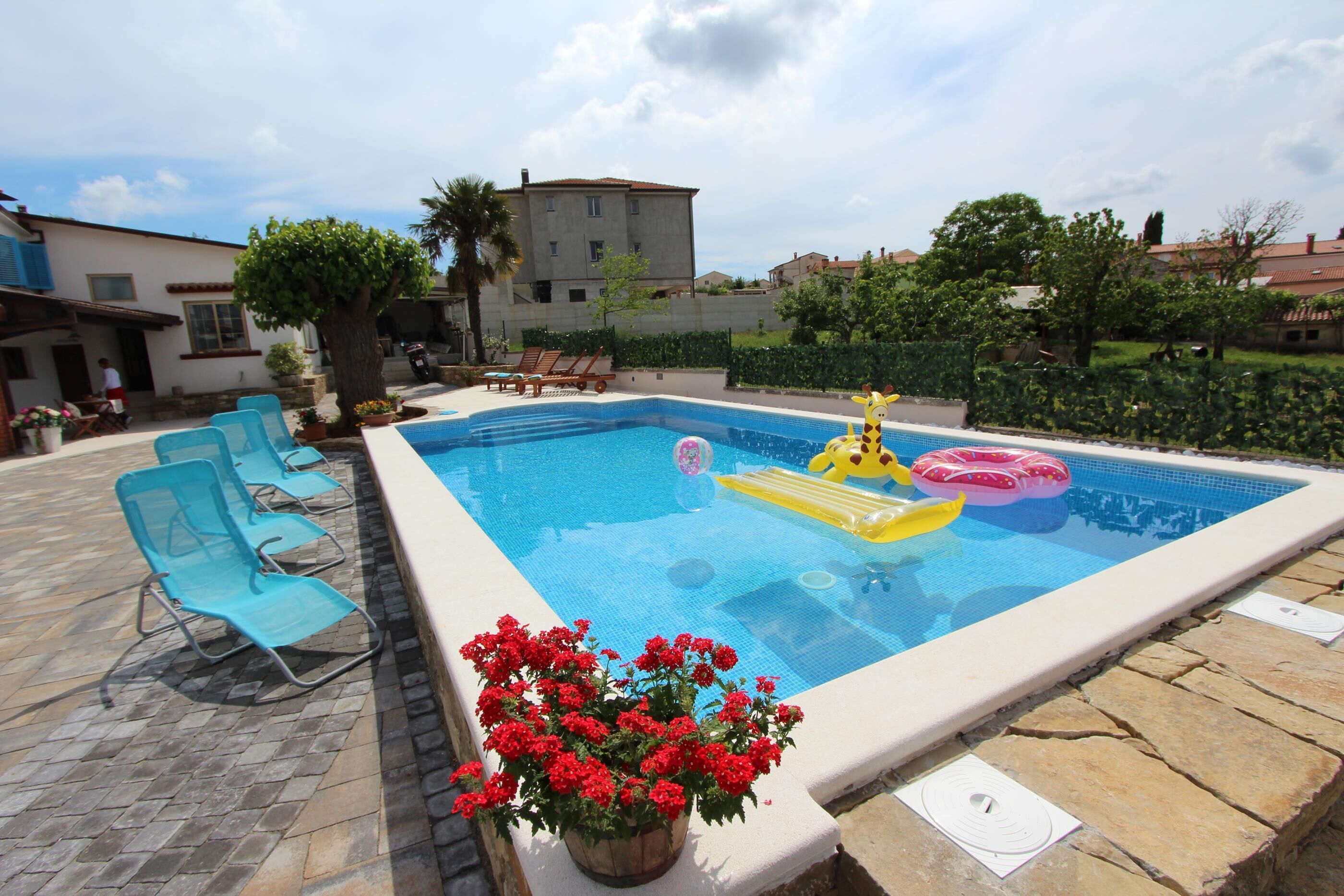 A swimming pool with blue chairs, a potted plant, and inflatable toys.
