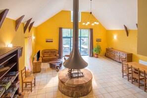 Televisión, chimenea, reproductor de DVD y tenis de mesa 