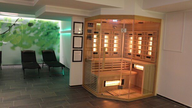 A room with a corner fireplace, two lounge chairs, and a wall with a leaf pattern. - Landhaus Jaegerkrug (Paderborn)