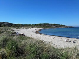 Ein Strand mit Menschen, die sich sonnen und am Ufer entlanggehen, umgeben von grasbewachsenen Dünen und einem klaren, blauen Himmel.