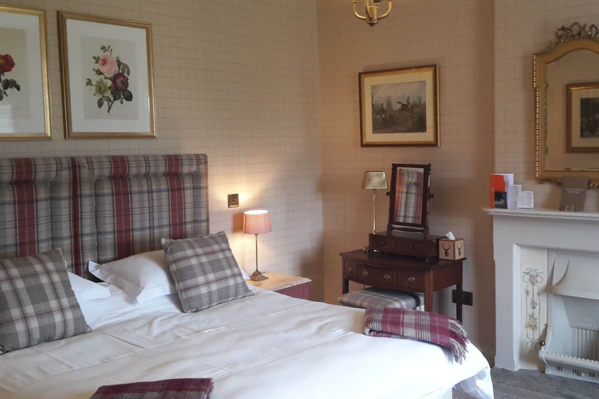 Une chambre d’hôtel comprenant un lit, une table de chevet, une lampe, une commode, un miroir et une cheminée.