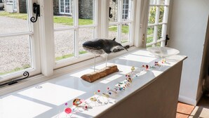 Ein Zimmer mit Fensterblick auf einen Garten, ein dekorativer Fisch auf der Fensterbank und eine Vase mit Blumen auf der Fensterbank.