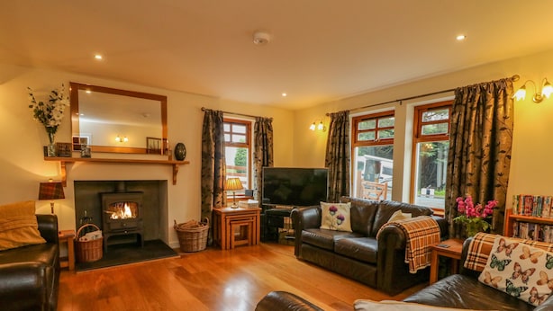 A cozy living room with a fireplace, leather sofas, a television, and large windows with curtains. - Thistle Dhu (Newtonmore)