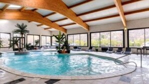 An indoor swimming pool with a wooden ceiling and large windows. - Les Jardins de l'Ermitage (Les Salles-sur-Verdon)