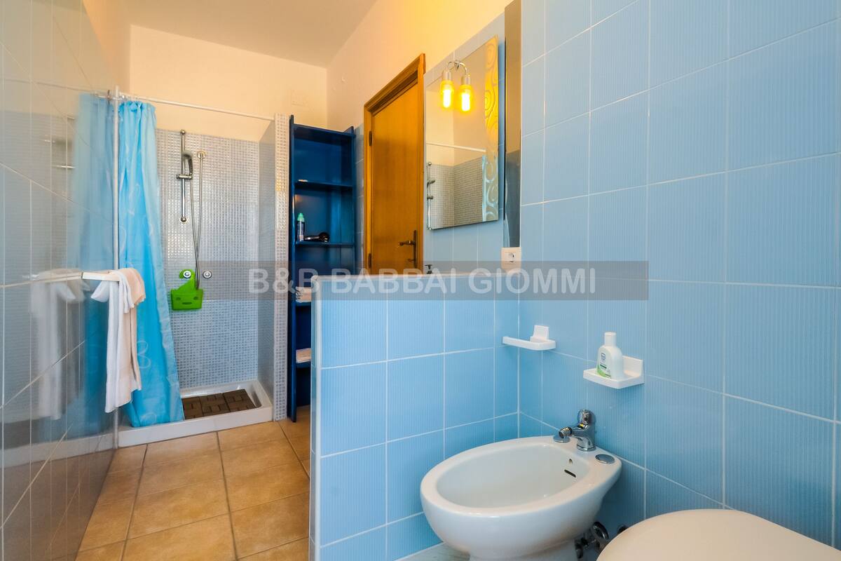 Un baño con azulejos azules, ducha, lavabo e inodoro.