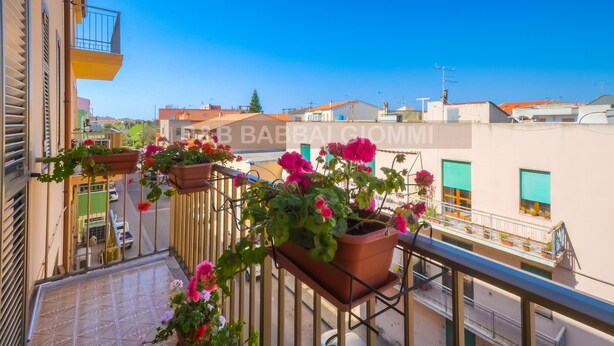 A balcony with potted plants and a view of the cityscape.