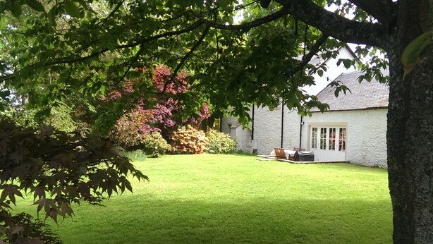 A well-maintained lawn with a white building in the background, surrounded by trees and shrubs. - Bannatyne Lodge (Blairgowrie)
