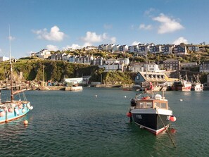 A harbor with boats, a building labeled "AQUARIUM," and houses on a hillside. - Nectan (St Austell)