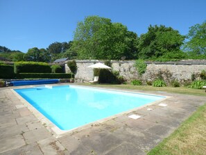Et rektangulært swimmingpool med en stenkant, omgivet af en støttemur og frodigt grønt.