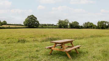 Una mesa de picnic en un campo cubierto de césped, con árboles al fondo.