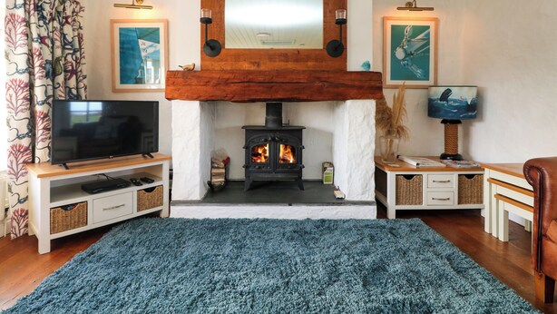 Una sala de estar acogedora con chimenea, televisión y obras de arte en las paredes.