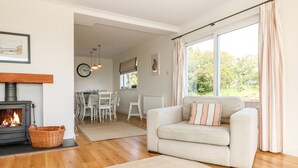 Una sala de estar acogedora con chimenea, un sofá y un comedor al fondo.
