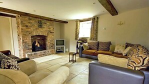 A living room with a stone fireplace, a sofa, a television, and a patterned throw blanket. - Goldcrest (Leek)
