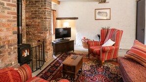 A cozy living room with a brick fireplace, a television, a red armchair, and a patterned rug. - Gatehouse Croft (Tamworth)