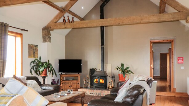 Een ruime woonkamer met een open haard, leren banken, een flatscreen televisie en houten balken aan het plafond.