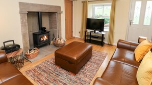 A living room with a stone fireplace, a television on a stand, leather sofas, and a patterned rug.