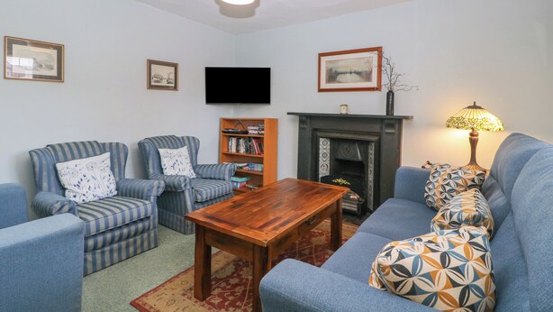 Una sala de estar con chimenea, televisor y estantería.