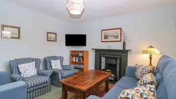 A living room with a fireplace, a television, and a bookshelf.