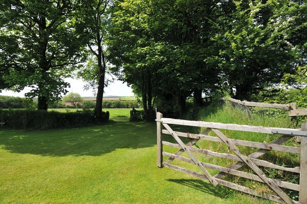 A rural landscape with a wooden gate, lush greenery, and trees.