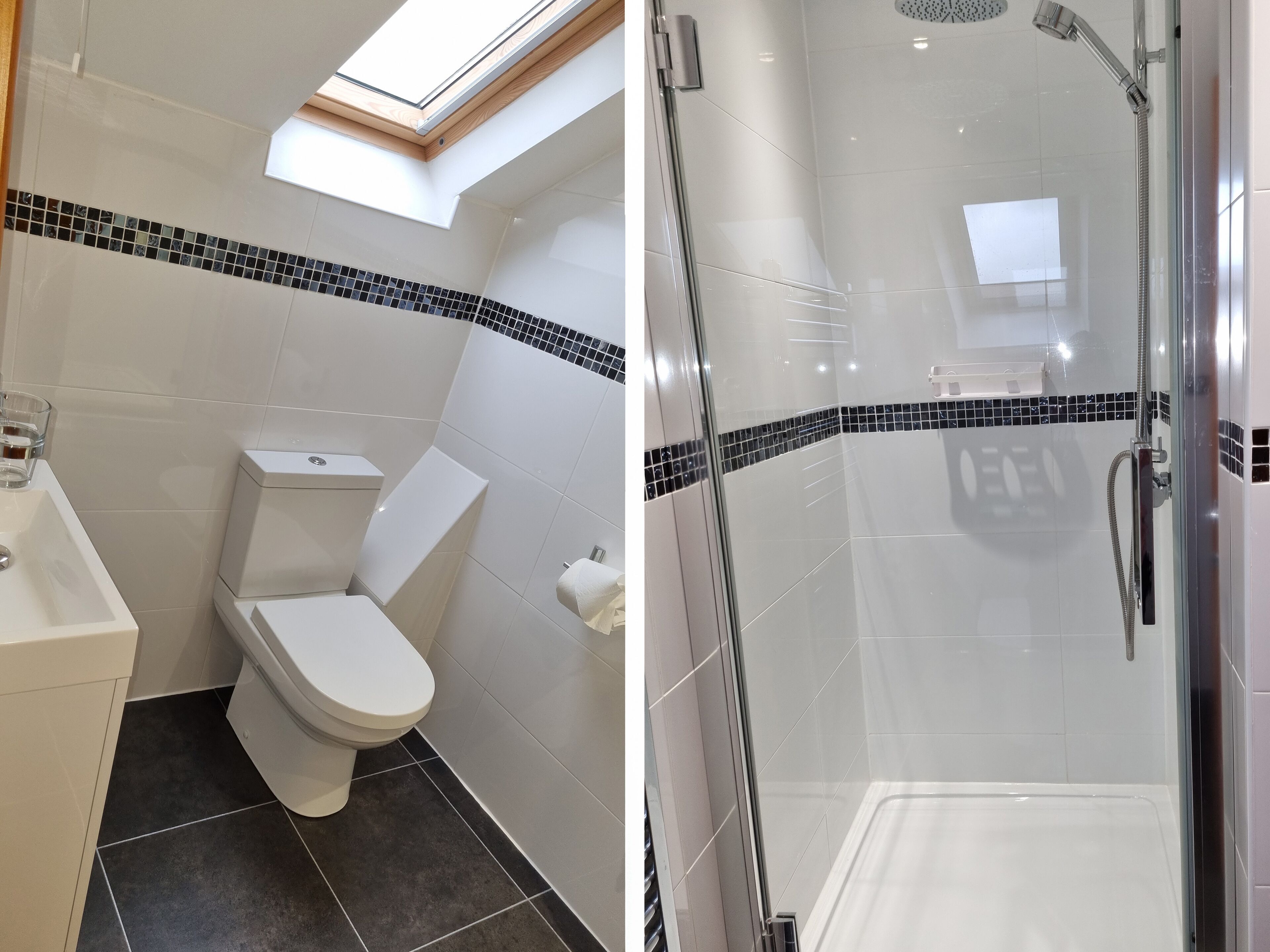 A bathroom with a skylight, a toilet, a sink, and a shower with a glass door.