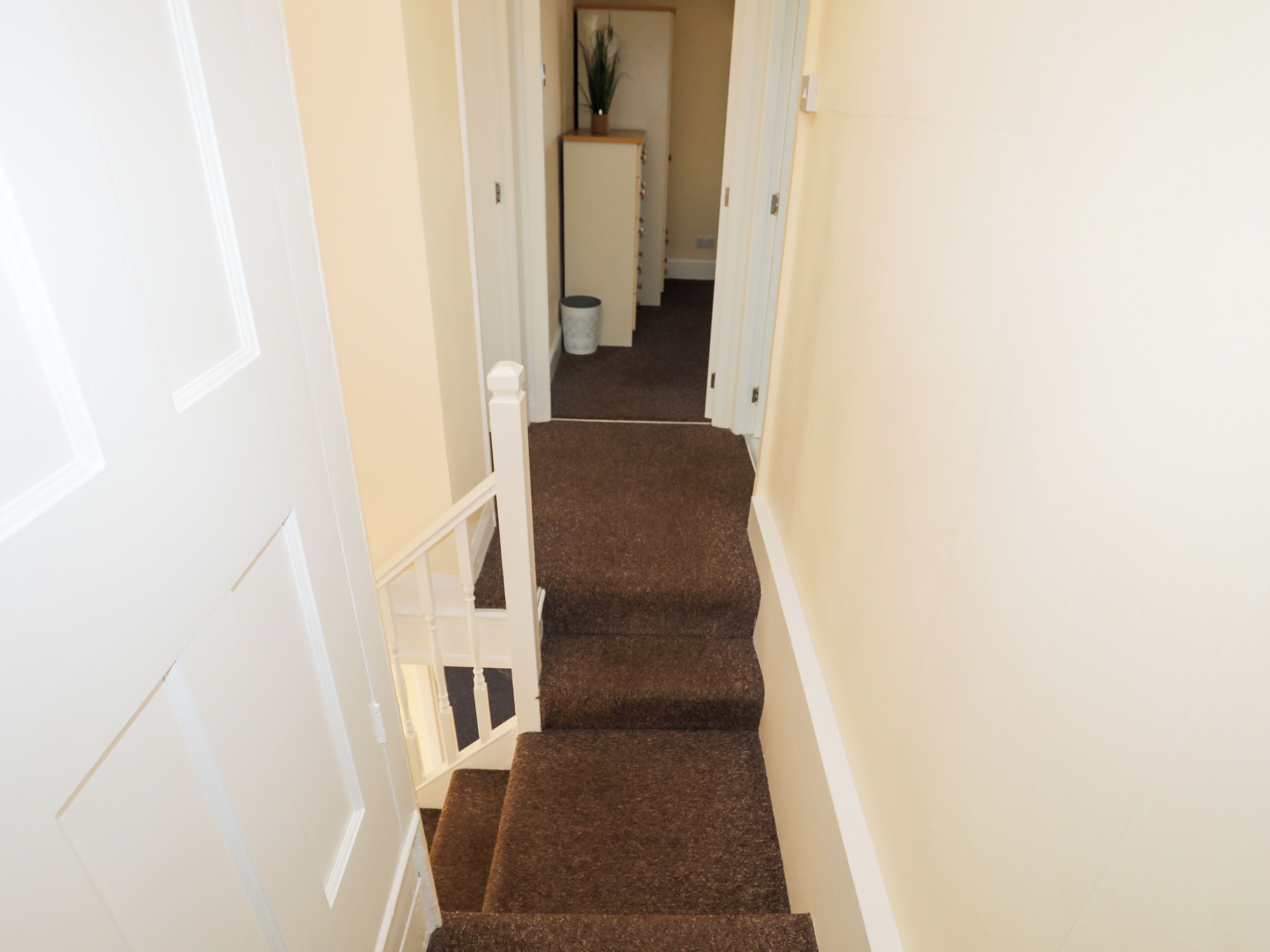 A staircase with carpeted steps leading to a landing.