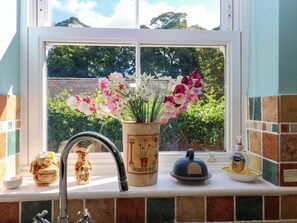 A kitchen window sill with a flower pot, a faucet, a teapot, and a bottle of liquid soap. - Barnbrook (Leyburn)