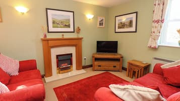 Una sala de estar con chimenea, televisor y sofás rojos.