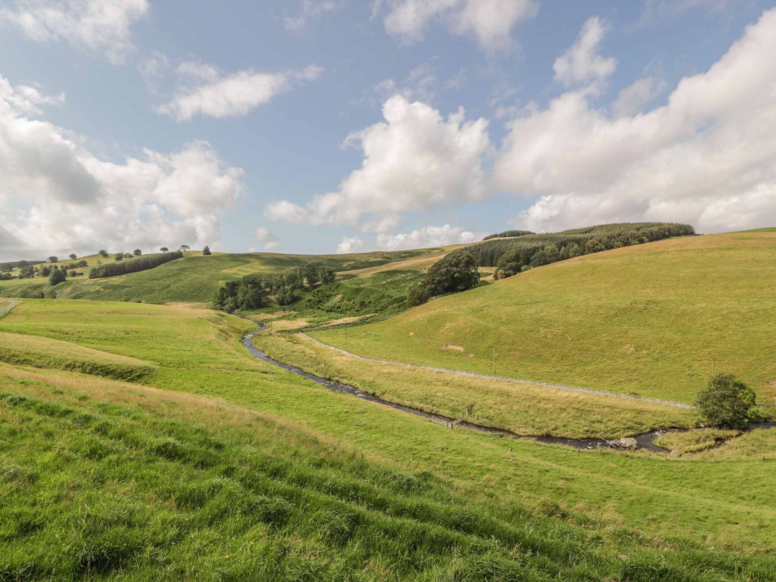 A rural landscape with rolling hills, a stream, and scattered trees.