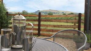 A metal table with a metal chair and a metal pot set on it, with a view of a wooden fence and rolling hills in the background. - Bicton Lodge (Craven Arms)
