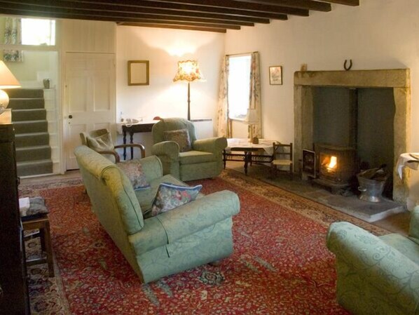 Una sala de estar acogedora con chimenea, un sofá y una alfombra estampada.