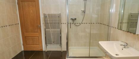 A modern bathroom with a glass-enclosed shower, a wooden door, and a white sink.