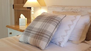 Un lit bien fait, avec deux oreillers, une lampe de chevet et une boîte de mouchoirs posée sur une table de chevet en bois.