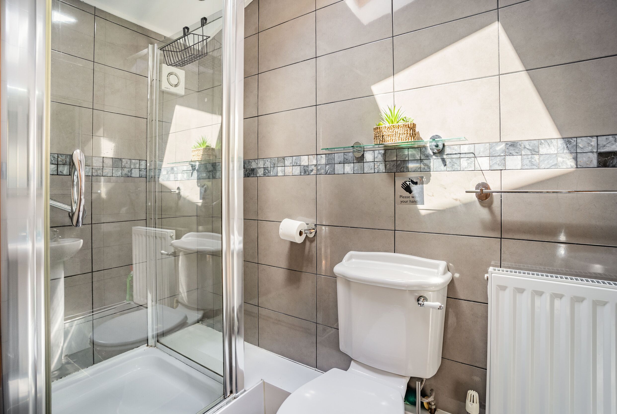 Une salle de bain avec une douche à parois de verre, des toilettes, un radiateur et une étagère sur laquelle est posée une plante.