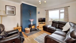A modern living room with a fireplace, leather sofas, a TV, and a large window. - Pen Y Gaer (Denbigh)