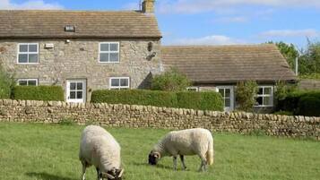 A stone house with a thatched roof, a stone wall, and a grassy field with sheep.