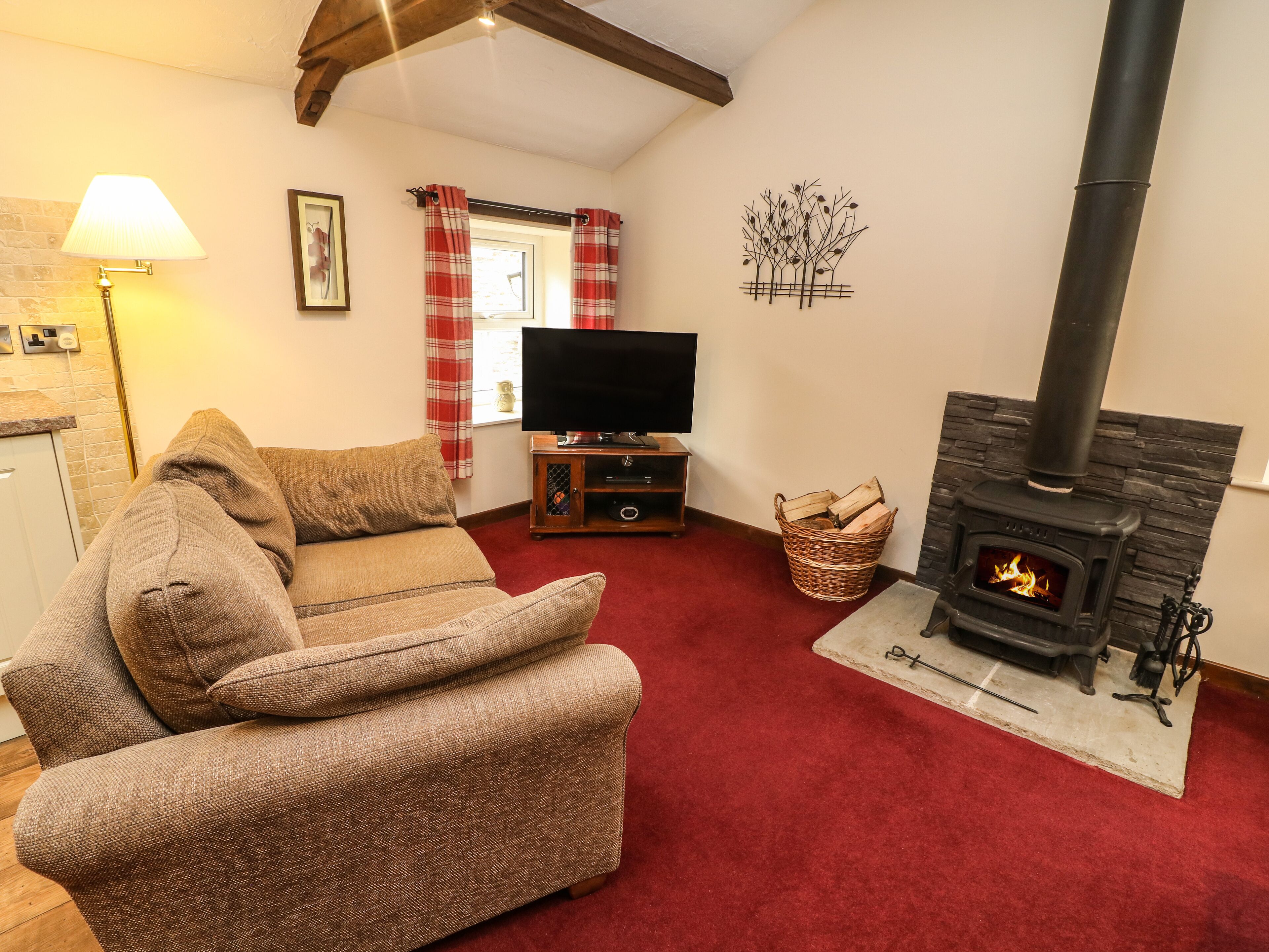 A cozy living room with a sofa, a television, a fireplace, and a red carpet.