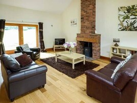 Una sala de estar con chimenea, sofás de cuero, una mesa de centro y un televisor.